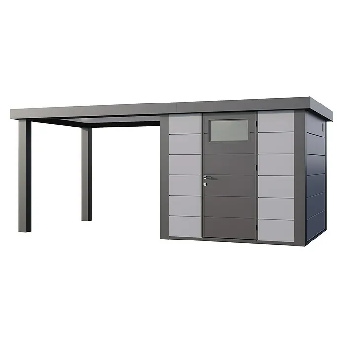 Telluria Metallgerätehaus Classico 2424 mit Open Lounge L links - Außenmaß inkl. Dachüberstand (B x T): 542 x 258 cm, Stahl, Lichtgrau/Anthrazit, Ohne Set - Ein modernes Gartenhaus mit einem grauen Design und einem angrenzenden Unterstand, ideal für die Aufbewahrung und als Wetterschutz.
