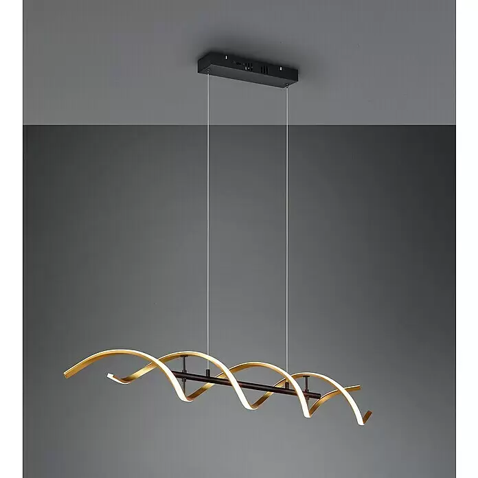 Trio Leuchten Sequence LED-Pendelleuchte - 45 W, L x B x H: 16 x 104,5 x 150 cm, Messing matt, Mehrfarbig - Moderne Linear-Pendelleuchte mit goldenen gewellten LED-Streifen, von schwarzer Deckenhalterung abgehängt.