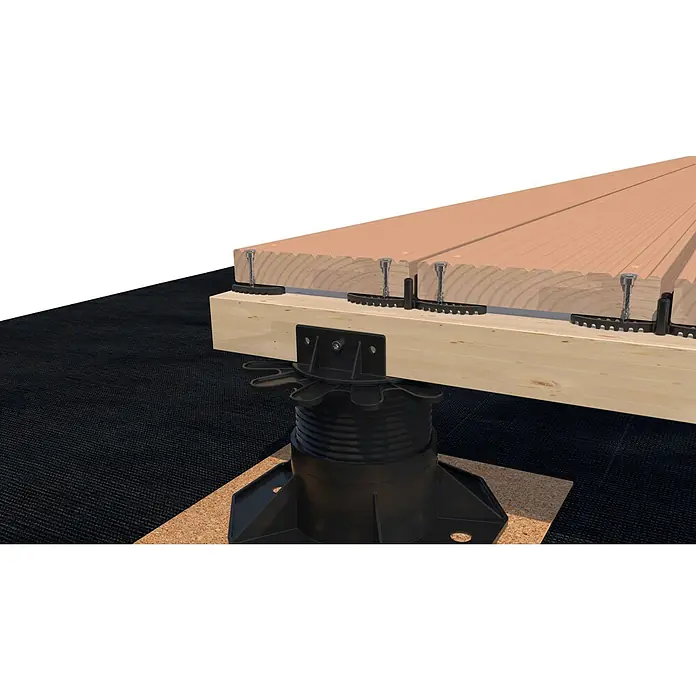 HS Terra Abstandhalter DiviDeck - 200 Stk. - Nahaufnahme einer Terrassenkonstruktion mit verstellbaren Stelzlagern, die eine stabile und ebene Fläche für Terrassendielen schaffen.