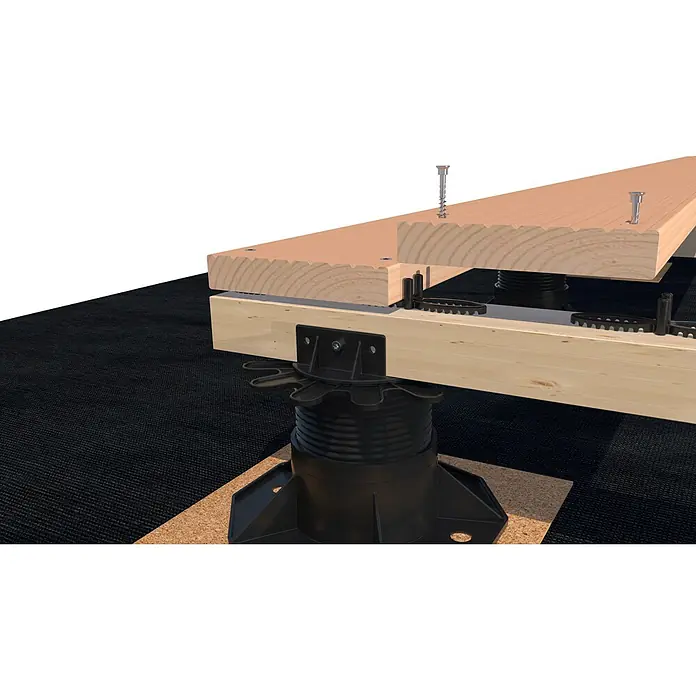 HS Terra Abstandhalter DiviDeck - 200 Stk. - Auf dem Bild sind verstellbare Terrassenlager zu sehen, die eine Holzkonstruktion stützen, ideal für ebene Flächen im Außenbereich.