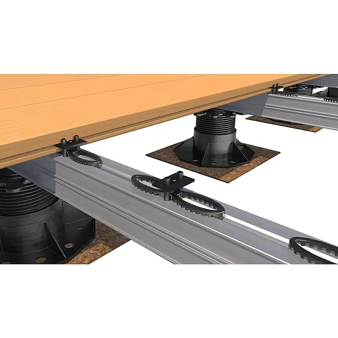 HS Terra Befestigungsclip - 10 Stk. - Detailaufnahme eines Terrassensystems mit verstellbaren Stelzlagern und Aluminiumprofilen zur einfachen Montage von Terrassendielen.