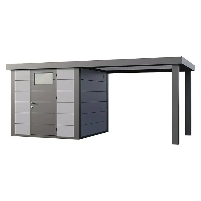 Telluria Metallgerätehaus Classico 2424 mit Open Lounge L rechts inkl. Elektro-Set - Außenmaß inkl. Dachüberstand (B x T): 542 x 258 cm, Stahl, Lichtgrau/Anthrazit, Inkl. Innenwandverkleidung & Elektro-Set - Moderne Gerätehaus-Carport-Kombination mit Paneelverkleidung in Grau- und Weißtönen und schlanker Bauweise.