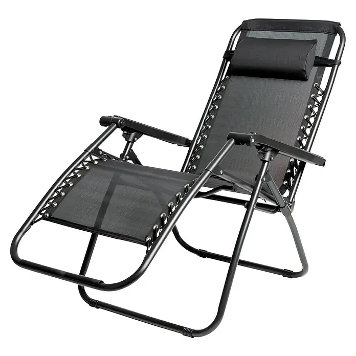 Sillón de posiciones Ischia - Negro, Textiline/Acero - Una elegante silla reclinable negra con reposacabezas ajustable, ideal para momentos de relax en el jardín o en el patio.