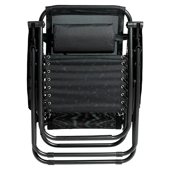 Sillón de posiciones Ischia - Negro, Textiline/Acero - Foto de una silla de gravedad negra. Ofrece comodidad con una almohada acolchada y cuerdas elásticas para un descanso relajante.