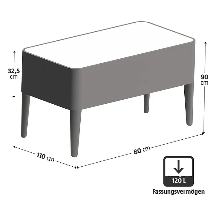 Hochbeet - L x B x H: 80 x 110 x 90 cm, Holz, Braun - Produktbild eines modernen, grauen Pflanzgefäßes mit Abmessungen und Volumenangabe. Ideal für den Garten oder die Terrasse.