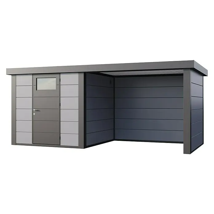 Telluria Metallgerätehaus Classico 2424 mit Lounge S rechts inkl. Elektro-Set - Außenmaß inkl. Dachüberstand (B x T): 542 x 258 cm, Stahl, Lichtgrau/Anthrazit, Inkl. Innenwandverkleidung & Elektro-Set - Moderne Gerätehaus-Kombination mit Schuppen und überdachtem Bereich, ideal für Garten und Außenbereich zur Aufbewahrung und als Unterstand.