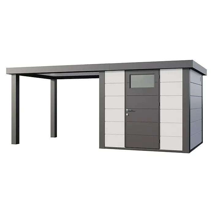 Telluria Metallgerätehaus Classico 2424 mit Open Lounge L links - Außenmaß inkl. Dachüberstand (B x T): 542 x 258 cm, Stahl, Weiß/Anthrazit, Ohne Set - Moderne Gartenbox aus Metall und Kunststoff mit integriertem Unterstand. Ideal für die Aufbewahrung von Gartengeräten und -möbeln.