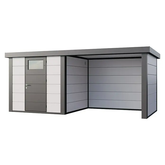 Telluria Metallgerätehaus Classico 2424 mit Lounge S rechts inkl. Elektro-Set - Außenmaß inkl. Dachüberstand (B x T): 542 x 258 cm, Stahl, Weiß/Anthrazit, Inkl. Innenwandverkleidung & Elektro-Set - Eine moderne Gartenlaube mit einem integrierten Geräteschuppen, ideal für die Aufbewahrung und als stilvoller Unterstand im Freien.