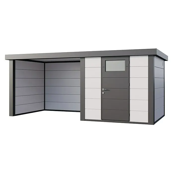 Telluria Metallgerätehaus Classico 2424 mit Lounge S links inkl. Elektro-Set - Außenmaß inkl. Dachüberstand (B x T): 542 x 258 cm, Stahl, Weiß/Anthrazit, Inkl. Innenwandverkleidung & Elektro-Set - Das Bild zeigt ein modernes Gerätehaus mit einer grauen Tür und einer angrenzenden offenen Lagerfläche, ideal für den Garten.