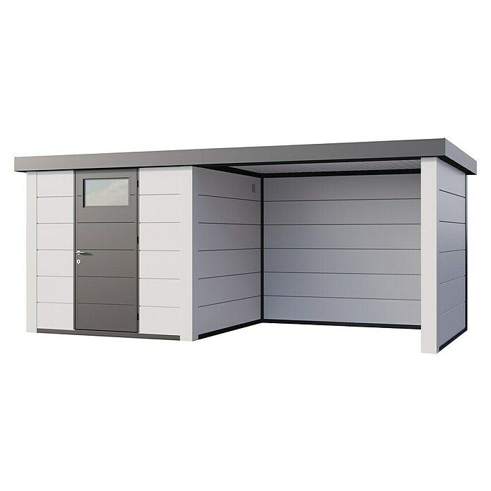 Telluria Metallgerätehaus Classico 2424 mit Lounge S rechts (Außenmaß inkl. Dachüberstand (B x T): 542 x 258 cm, Stahl, Weiß, Ohne Set) | BAUHAUS