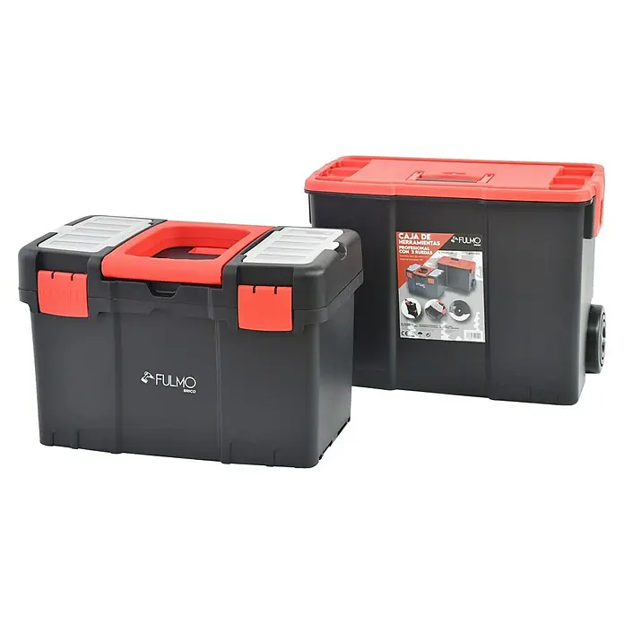 Fulmo Caja profesional con ruedas - L x An x Al: 26 x 62,5 x 46 cm, Polipropileno - Dos cajas de herramientas grises de FULMO BRICO con detalles rojos, una con ruedas, perfectas para transportar herramientas.