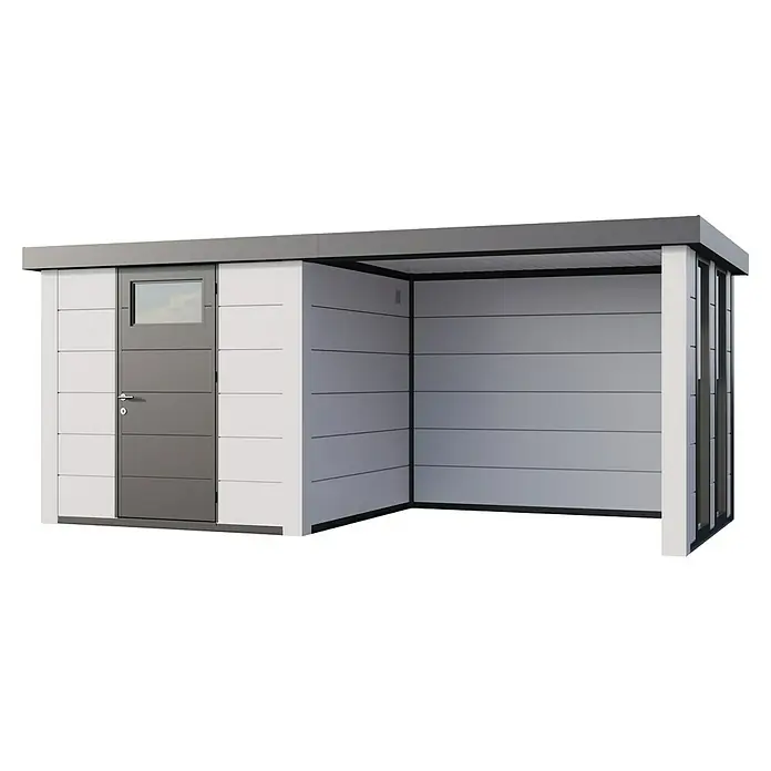 Telluria Metallgerätehaus Classico 2424 mit Lounge S rechts inkl. 2 Fenster und Elektro-Set - Außenmaß inkl. Dachüberstand (B x T): 542 x 258 cm, Stahl, Weiß, Inkl. Innenwandverkleidung & Elektro-Set - Ein modernes Gartenhaus mit einem grauen Flachdach und einer grauen Tür mit Fenster, bietet Schutz vor Wind und Wetter.