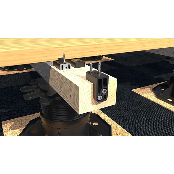 HS Terra Fixierung Plankfix Angle - 10 Stk., Passend für: HS Terra Plankfix Stick - Detailansicht einer Stelzlager-Konstruktion für eine Terrasse mit Holzunterkonstruktion und höhenverstellbaren Füßen für den Außenbereich.