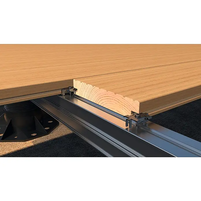 HS Terra Befestigungsclips M - 25 Stk. - Einblick in die innovative Terrassenkonstruktion mit verstellbaren Stelzlagern und Clip-System für eine schnelle und einfache Montage der Dielen.