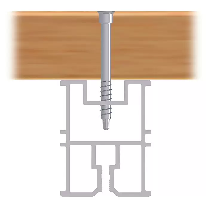 HS Terra Systec Alu-Unterkonstruktion - 200 x 4 x 2,4 cm, Silber - Silberne Schraube befestigt Holzbrett an grauem Profil.