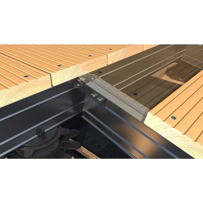 HS Terra Systec Gelenkverbinder 90°4 Stk., Passend für: HS Terra Systec Alu-Unterkonstruktion - Detailaufnahme einer modernen Terrassenkonstruktion mit Holzplanken, Metalleinfassung und Kunststofffüßen für Stabilität und modernes Design.