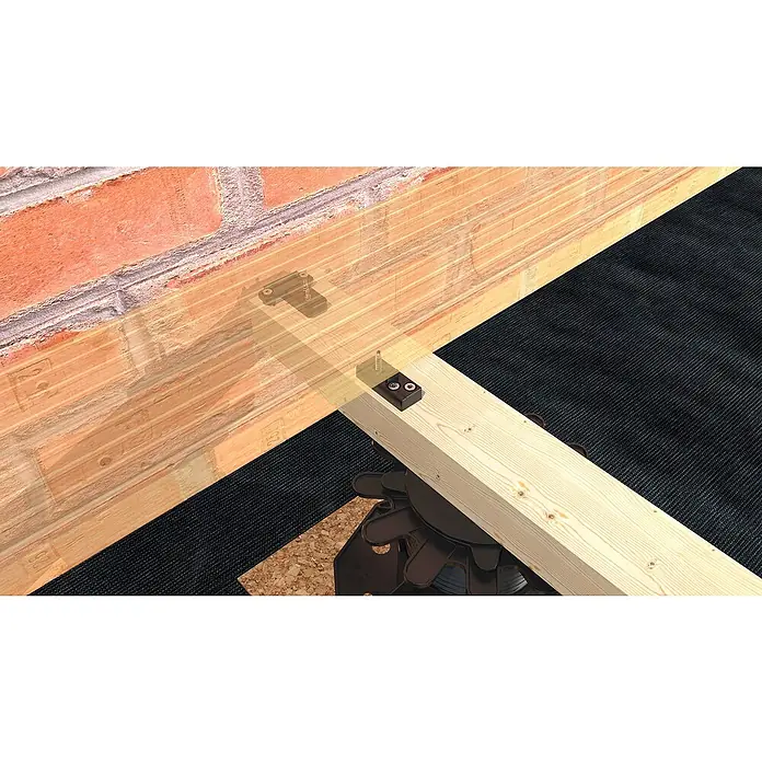 HS Terra Fixierung Plankfix Clip - 10 Stk., Passend für: HS Terra Plankfix Stick - Illustration einer Terrassenkonstruktion mit justierbaren Stelzlagern und einer Unterkonstruktion aus Holzbalken.