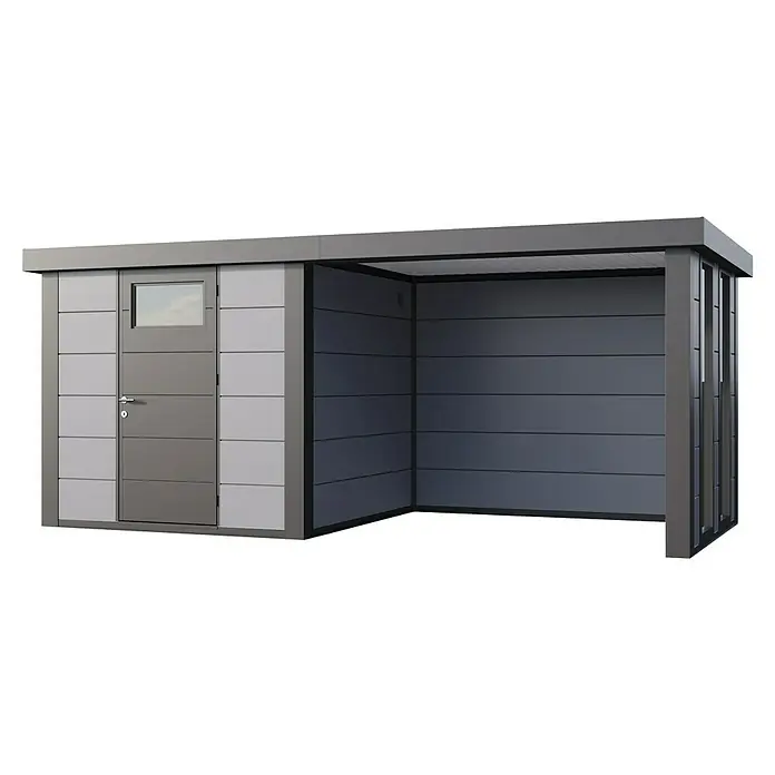 Telluria Metallgerätehaus Classico 2424 mit Lounge S rechts inkl. 2 Fenster und Elektro-Set - Außenmaß inkl. Dachüberstand (B x T): 542 x 258 cm, Stahl, Lichtgrau/Anthrazit, Inkl. Innenwandverkleidung & Elektro-Set - Die Abbildung zeigt ein modernes, graues Gartenhaus mit einer Tür und einem offenen Bereich, ideal für die Aufbewahrung von Gartengeräten.