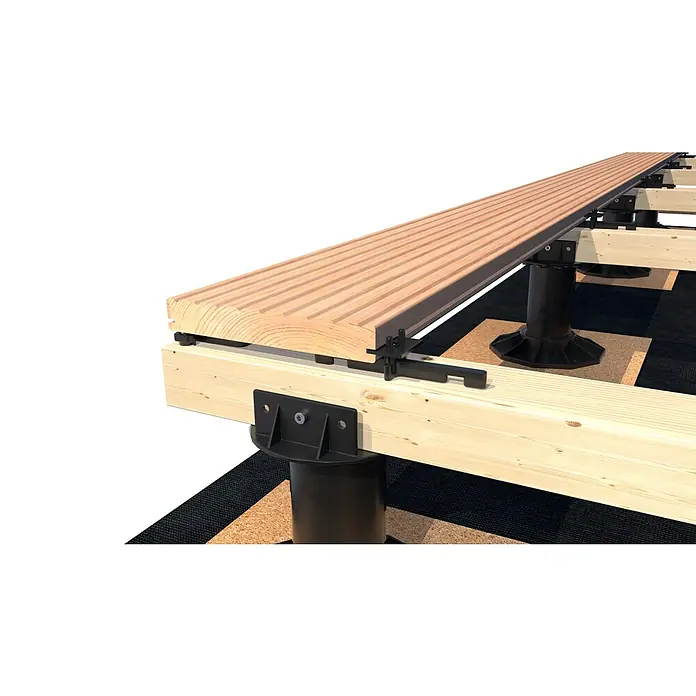 HS Terra Befestigungsclips Groove Stick125 Stk. - Holzbalkenkonstruktion mit schwarzen Kunststoffstützen. Das System bietet Stabilität und Flexibilität für verschiedene Bodenbeläge.