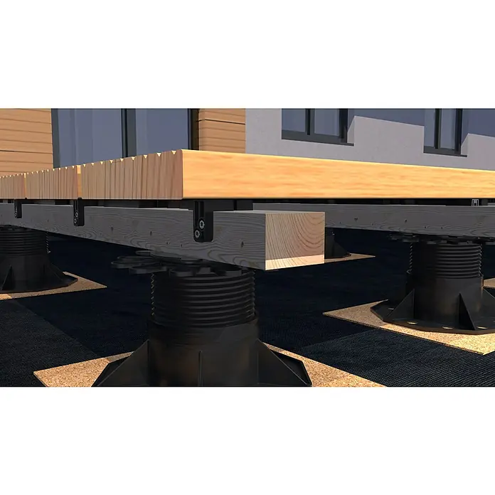 HS Terra Fixierung Plankfix Angle - 10 Stk., Passend für: HS Terra Plankfix Stick - Diese Nahaufnahme zeigt verstellbare Terrassenlager aus Kunststoff, die eine hölzerne Terrassenkonstruktion stützen, ideal für den Bau im Außenbereich.