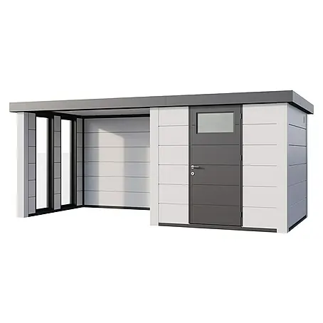 Telluria  Gerätehaus Classico 2424 mit Lounge S links inkl. 2 Fenster und Elektro-Set