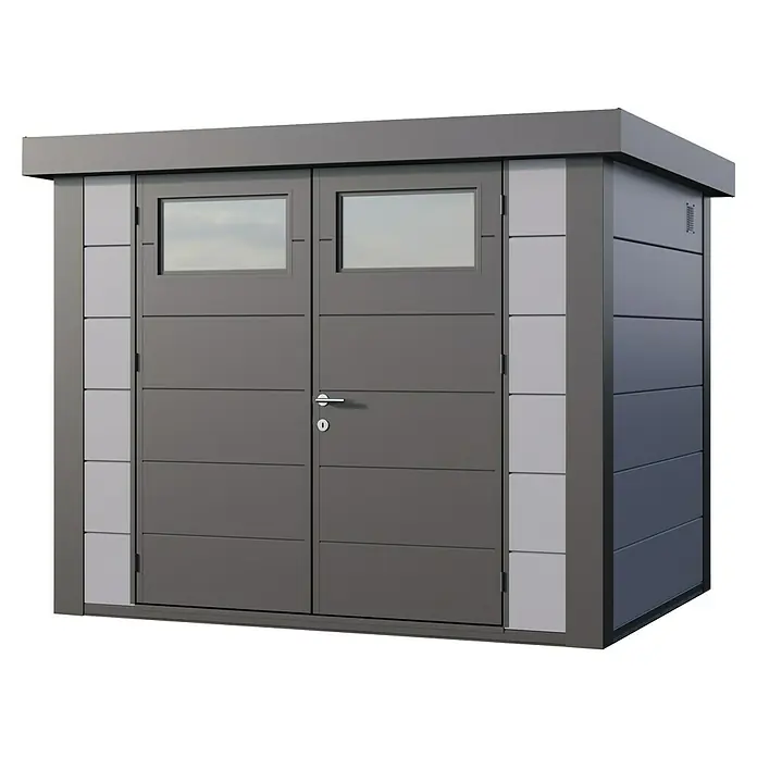 Telluria Metallgerätehaus Classico 2721 inkl. Elektro-Set - Außenmaß inkl. Dachüberstand (B x T): 288 x 228 cm, Stahl, Lichtgrau/Anthrazit, Inkl. Innenwandverkleidung & Elektro-Set - Ein geräumiges, graues Gartenhaus mit Doppeltür und Fenstern. Ideal für die Aufbewahrung von Gartengeräten und -möbeln im Außenbereich.