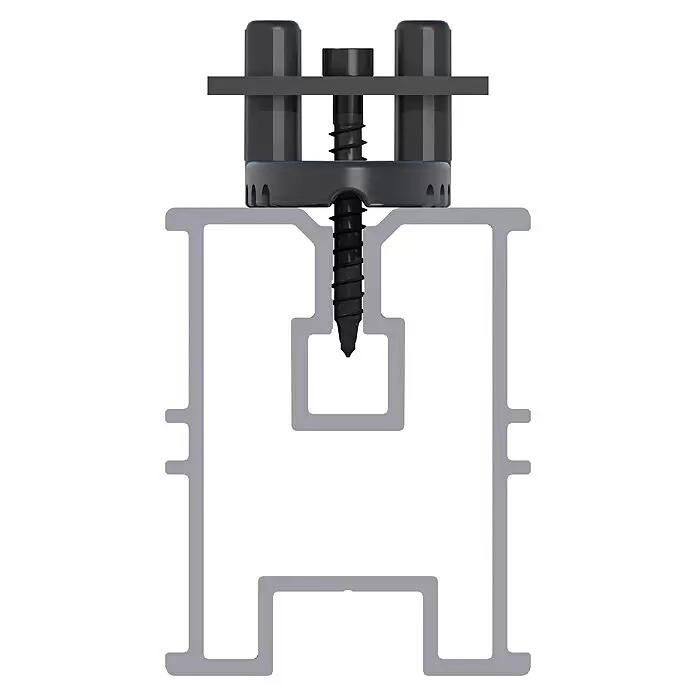 HS Terra Systec Alu-Unterkonstruktion - 200 x 4 x 2,4 cm, Silber - Dunkelgraues modulares Schraubensystem mit Zentralschraube und Stützkomponenten in einer hellgrauen H-Führung.
