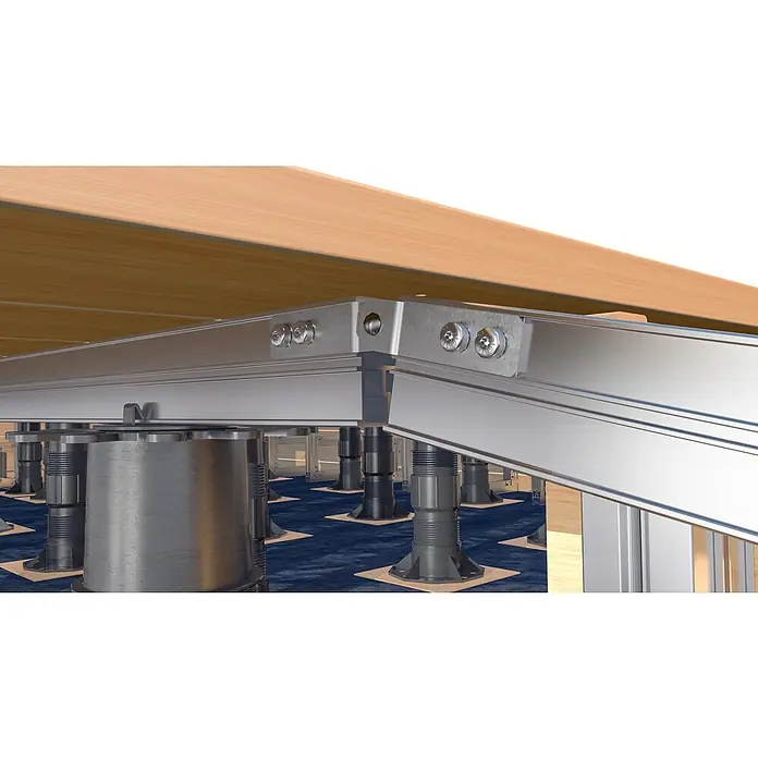 HS Terra Systec Gelenkverbinder 180° - 4 Stk., Passend für: HS Terra Systec Alu-Unterkonstruktion - Nahaufnahme der verstellbaren Terrassenlager, die eine stabile und anpassbare Unterkonstruktion für Terrassen bieten.