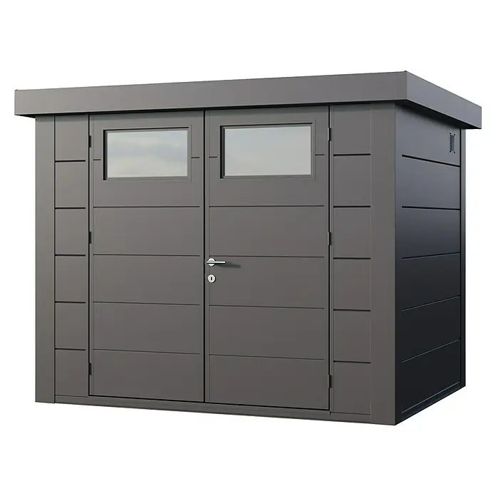 Telluria Metallgerätehaus Classico 2721 inkl. Elektro-Set - Außenmaß inkl. Dachüberstand (B x T): 288 x 228 cm, Stahl, Anthrazit, Inkl. Innenwandverkleidung & Elektro-Set - Modernes, graues Gartenhaus mit Doppeltür und Fenstern. Ideal für die Aufbewahrung von Gartengeräten und Werkzeugen im Außenbereich.