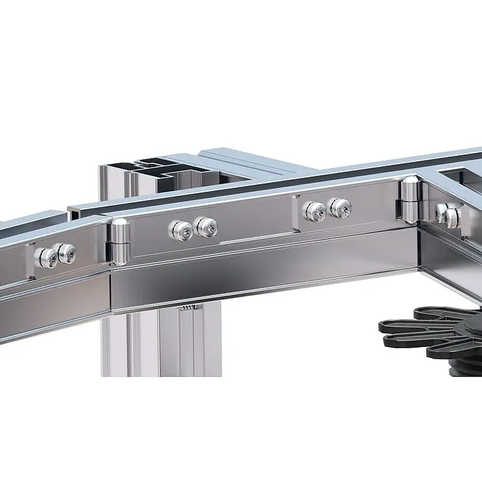 HS Terra Systec Gelenkverbinder Lagesicherung - 10 Stk., Passend für: HS Terra Systec Alu-Unterkonstruktion - Nahaufnahme eines Aluminiumprofilrahmens, der mit Scharnieren und Schrauben befestigt ist. Detailaufnahme der Bauweise.