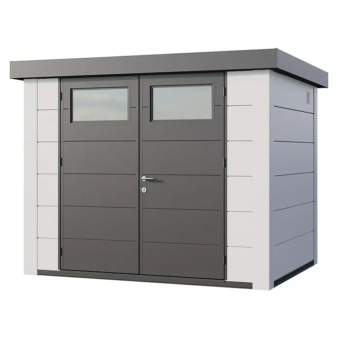Telluria Metallgerätehaus Classico 2721 inkl. Elektro-Set - Außenmaß inkl. Dachüberstand (B x T): 288 x 228 cm, Stahl, Weiß, Inkl. Innenwandverkleidung & Elektro-Set - Moderne Gerätehaus-Doppeltür in Grau und Weiß. Stilvolles Design mit horizontalen Linien und Fenstern. Praktisch und ästhetisch für den Garten.