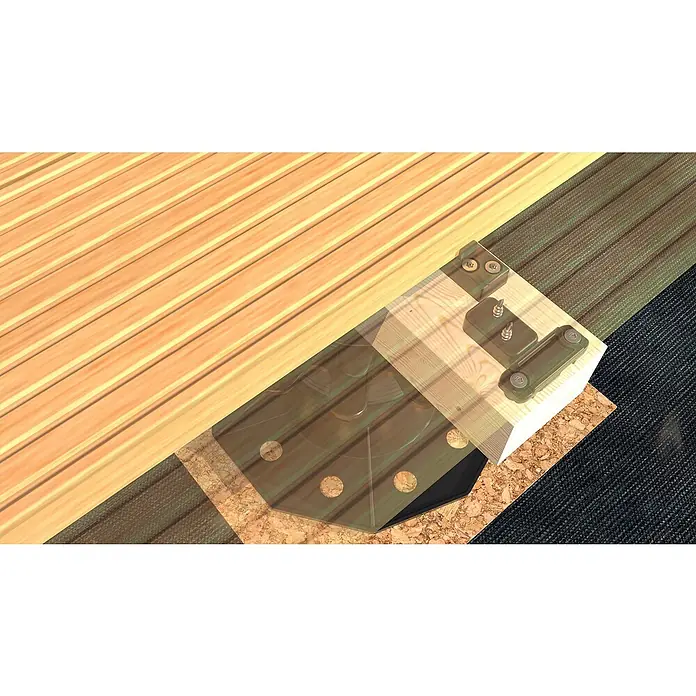 HS Terra Fixierung Plankfix Stick - 150 Stk., Passend für: HS Terra Plankfix Angle - Detailansicht einer Holzbalkenkonstruktion mit Verbindungselementen, die Stabilität und präzise Ausrichtung in der Bauweise gewährleistet.