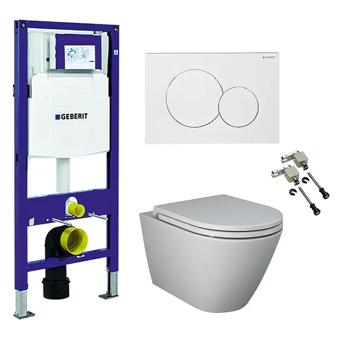 RAK Ceramics Feeling Wand-WC-Set - Komplettset, Spülrandlos, Ohne Spezialglasur, Spülform: Tief, WC Abgang: Waagerecht, Weiß - Vorwandelement mit Betätigungsplatte und wandhängendem WC. Geberit Installationssystem für moderne Badezimmergestaltung.