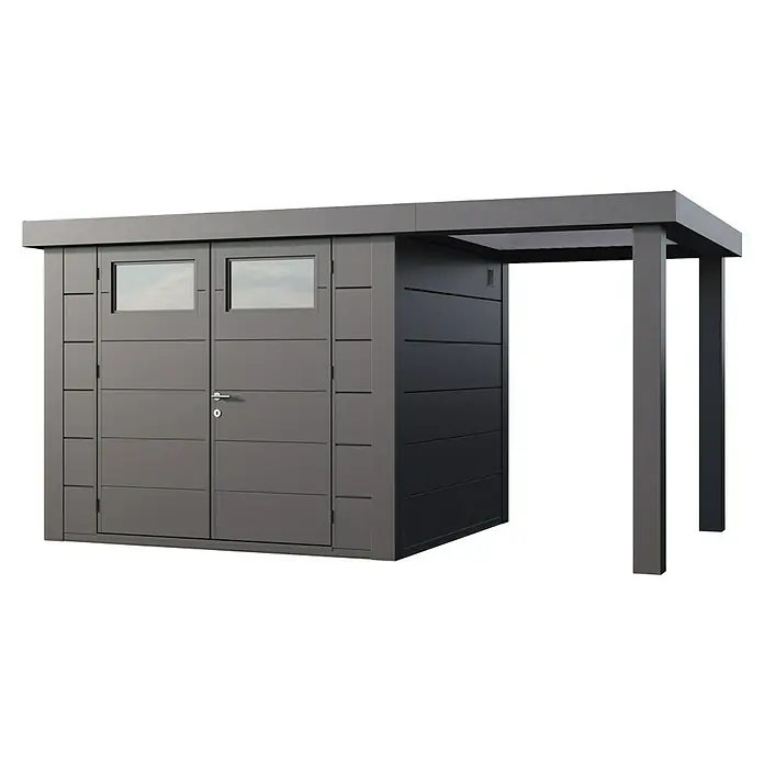 Telluria Metallgerätehaus Classico 2724 mit Open Lounge S rechts - Außenmaß inkl. Dachüberstand (B x T): 456 x 258 cm, Stahl, Anthrazit, Ohne Set - Ein graues Gartenhaus mit Doppeltür und einem kleinen Vordach, ideal für die Aufbewahrung von Gartengeräten und -möbeln.