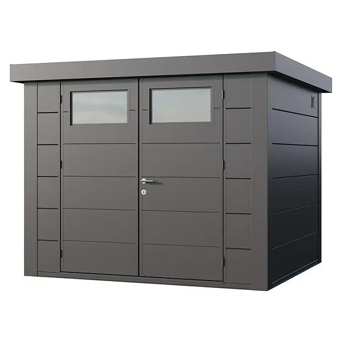 Telluria Metallgerätehaus Classico 2724 inkl. Elektro-Set - Außenmaß inkl. Dachüberstand (B x T): 288 x 258 cm, Stahl, Anthrazit, Inkl. Innenwandverkleidung & Elektro-Set - Grauer Metall-Gartenschuppen mit Doppeltür und kleinen Fenstern oben. Der Schuppen hat eine moderne Optik und bietet Stauraum im Freien.