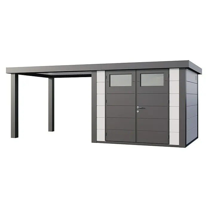 Telluria Metallgerätehaus Classico 2724 mit Open Lounge L links inkl. Elektro-Set - Außenmaß inkl. Dachüberstand (B x T): 572 x 258 cm, Stahl, Weiß/Anthrazit, Inkl. Innenwandverkleidung & Elektro-Set - Modernes Gerätehaus mit Überdachung. Das Gerätehaus in Anthrazit und Weiß bietet praktischen Stauraum und einen geschützten Bereich.