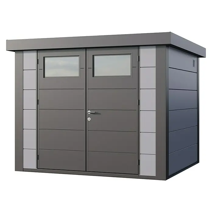 Telluria Metallgerätehaus Classico 2724 inkl. Elektro-Set - Außenmaß inkl. Dachüberstand (B x T): 288 x 258 cm, Stahl, Lichtgrau/Anthrazit, Inkl. Innenwandverkleidung & Elektro-Set - Das Bild zeigt ein modernes, graues Gerätehaus mit Doppeltür und Fenster, ideal für die Gartenaufbewahrung und Werkzeug.