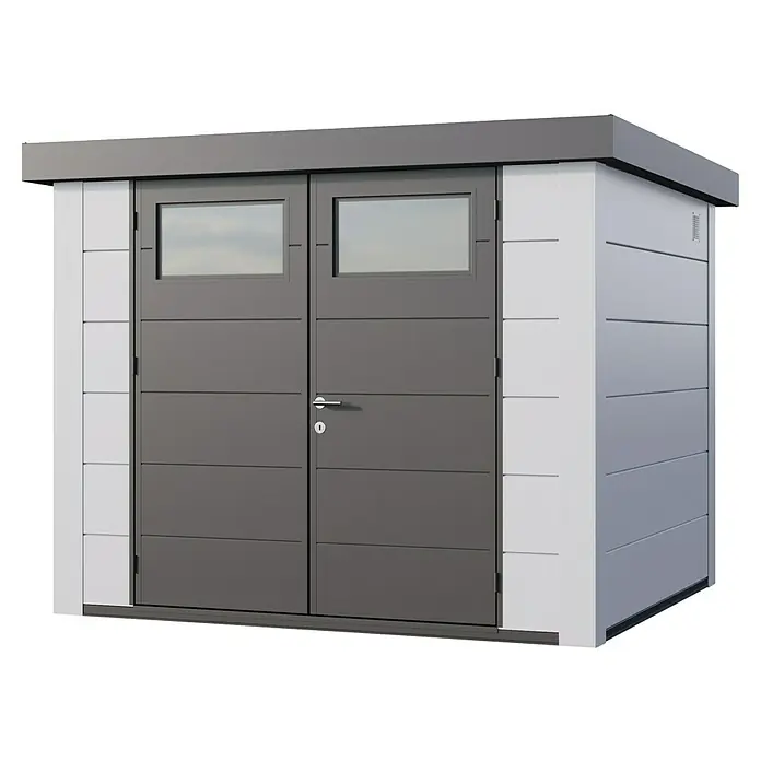 Telluria Metallgerätehaus Classico 2724 inkl. Elektro-Set - Außenmaß inkl. Dachüberstand (B x T): 288 x 258 cm, Stahl, Weiß, Inkl. Innenwandverkleidung & Elektro-Set - Ein modernes Gerätehaus mit Doppeltür, Fenstern und horizontalen Paneelen in Grau- und Weißtönen. Das Gartenhaus bietet viel Stauraum.