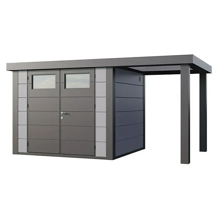 Telluria Metallgerätehaus Classico 2724 mit Open Lounge S rechts - Außenmaß inkl. Dachüberstand (B x T): 456 x 258 cm, Stahl, Lichtgrau/Anthrazit, Ohne Set - Das graue Gerätehaus mit Doppeltür und Vordach bietet praktischen Stauraum im modernen Design für jeden Garten.