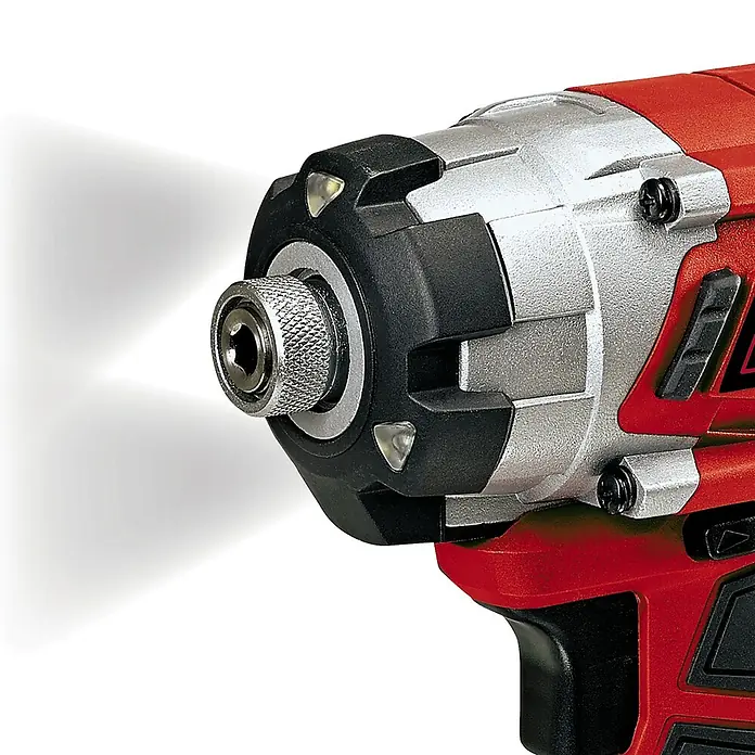 Einhell PXC 18V Llave de impacto de batería TE-CI 18/1 Li - 18 V, Sin batería - Primer plano de un atornillador de impacto inalámbrico rojo con iluminación LED, que proporciona precisión y eficiencia al atornillar tornillos.