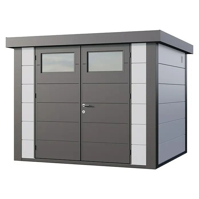Telluria Metallgerätehaus Classico 2724 inkl. Elektro-Set - Außenmaß inkl. Dachüberstand (B x T): 288 x 258 cm, Stahl, Weiß/Anthrazit, Inkl. Innenwandverkleidung & Elektro-Set - Ein modernes Gerätehaus in Grau mit Doppeltür und Fenster bietet stilvollen Stauraum für den Garten.