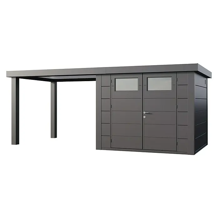 Telluria Metallgerätehaus Classico 2724 mit Open Lounge L links inkl. Elektro-Set - Außenmaß inkl. Dachüberstand (B x T): 572 x 258 cm, Stahl, Anthrazit, Inkl. Innenwandverkleidung & Elektro-Set - Moderne Gerätehaus-Carport-Kombination in Anthrazit. Das Haus bietet Stauraum, der Carport Schutz. Optisch ansprechend und funktional.