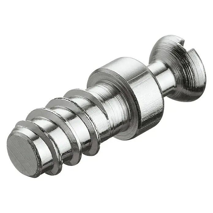 Häfele Perno de conexión Rafix S 20 - Rosca especial, Longitud rosca: 11 mm - Primer plano de un perno de conexión de muebles metálico brillante con cabeza ranurada y anillos roscados para el montaje.