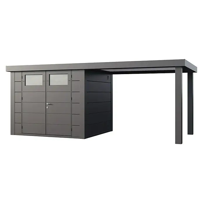 Telluria Metallgerätehaus Classico 2724 mit Open Lounge L rechts inkl. Elektro-Set - Außenmaß inkl. Dachüberstand (B x T): 572 x 258 cm, Stahl, Anthrazit, Inkl. Innenwandverkleidung & Elektro-Set - Ein modernes Gerätehaus mit angebautem Unterstand, ideal für Gartenwerkzeuge und als Wetterschutz, besticht durch sein schlichtes, graues Design.