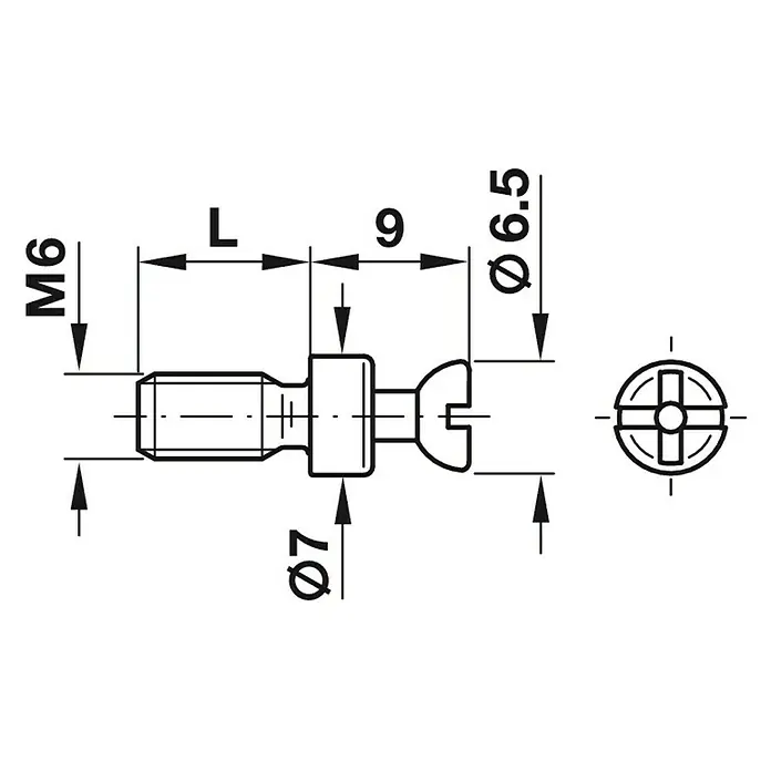 Häfele Perno de conexión Rafix S 20 - Rosca especial, Longitud rosca: 15 mm - Dibujo técnico de un tornillo M6 con especificaciones de diámetro.