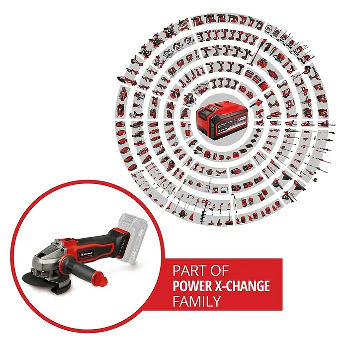 Einhell Power X-Change 18V Akku-Winkelschleifer - 18 V, Ohne Akku, Durchmesser Scheibe: 115 mm - Das Bild zeigt einen Einhell Akku-Winkelschleifer mit einem Akku und eine Vielzahl anderer Einhell-Geräte, die alle Teil der Power X-Change-Familie sind.