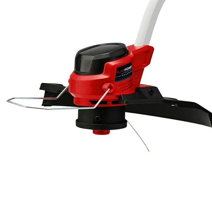 Einhell PXC 18V Recortabordes de batería GP-CT36/35Li + Batería y cargador PXC-Starter kit - 36 V, Iones de litio, 2 baterías, Ancho de corte hilo: 35 cm - Primer plano de un recortabordes PurePower rojo y negro con mango blanco sobre un fondo negro.