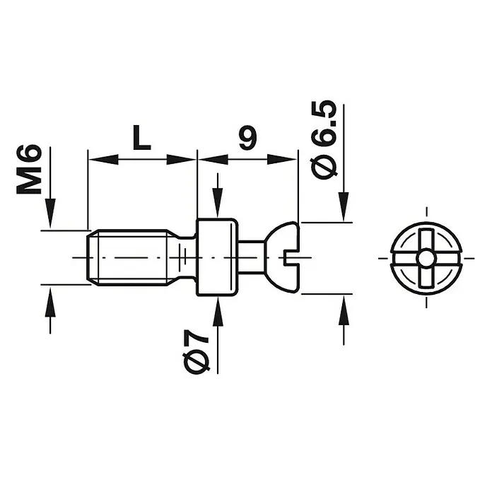 Häfele Perno de conexión Rafix S 20 - Rosca: M 6, Longitud rosca: 7,5 mm - Dibujo técnico de un tornillo M6 con diámetros 6,5 y 7 con indicación de longitud.