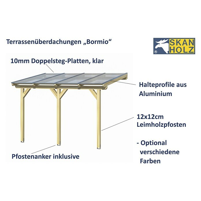 Skan Holz Terrassenüberdachung Bormio (B x T: 434 x 250 cm, Anthrazit, Polycarbonat-Doppelstegplatten, Klar) | BAUHAUS