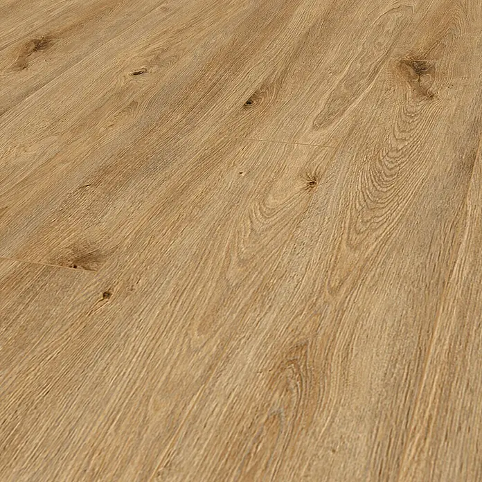 Krono Original Laminatmuster Organic Classic Solar Oak - 297 x 195 x 8 mm, Landhausdiele - Nahaufnahme von hellem Laminatboden mit natürlicher Holzmaserung und Astlöchern für eine realistische Optik.